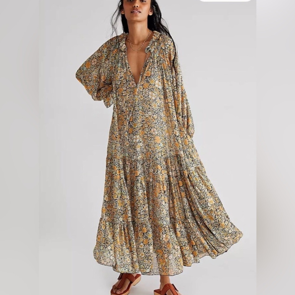 Free People Cream and Brown Ruffled Tiered Sundress
